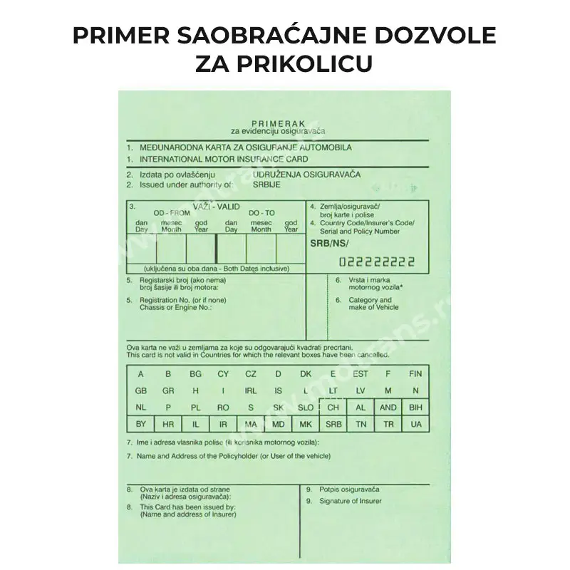 Primer zelenog kartona za prikolicu Primer zelenog kartona za prikolicu