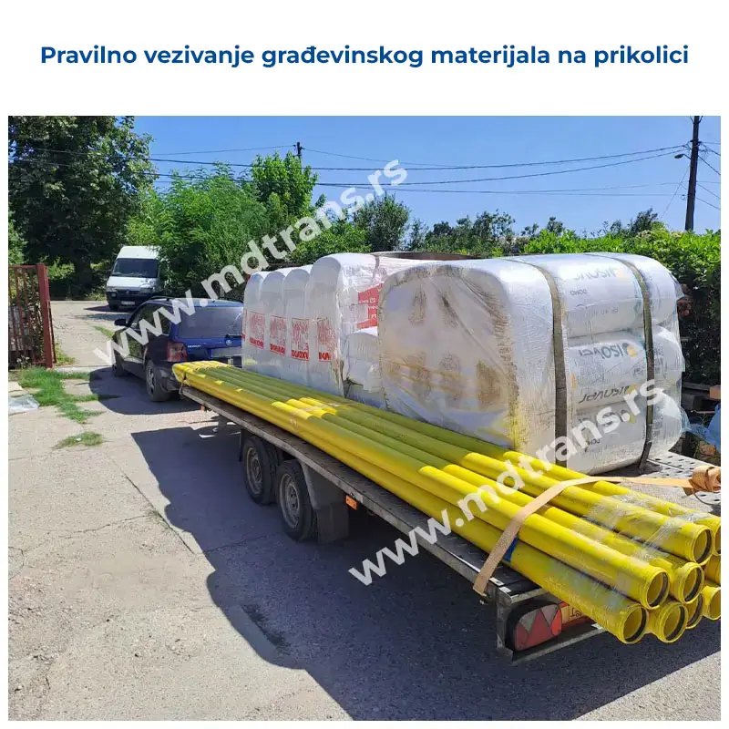 Primer pravilnog postavljanja i vezivanja građevinskog materijala na prikolici