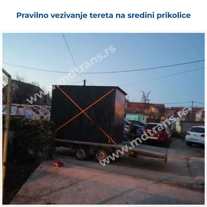 Primer pravilnog postavljanja tereta na sredini prikolice - nije previše napred